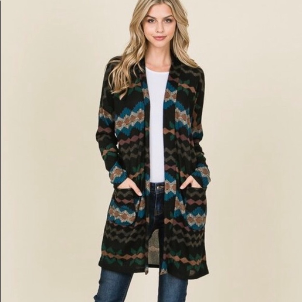SOLD OUT!!! Black Aztec Long Sleeve Open Cardi
